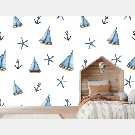 Papier peint motif marin en aquarelle: voiliers et ancres – Wallnifity®