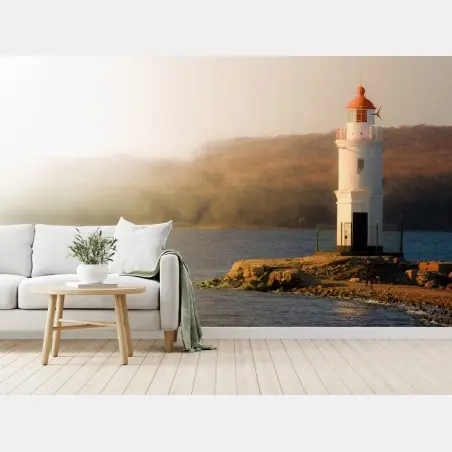 Papier peint phare solitaire à la lumière dorée – Wallnifity®