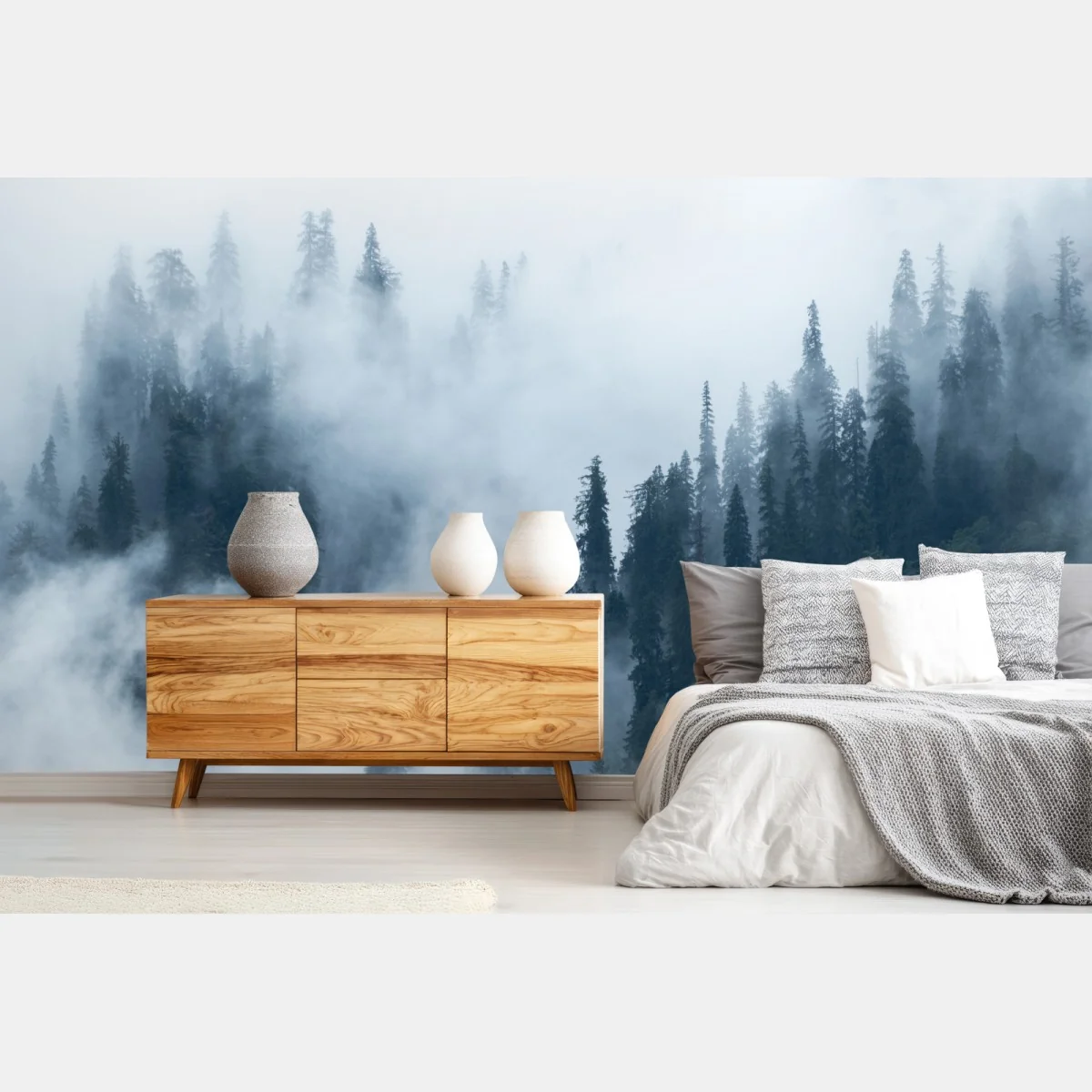 Papier peint forêt de conifères enveloppée de brume – Wallnifity® Papier peint forêt de conifères enveloppée de brume – Wallnifity®