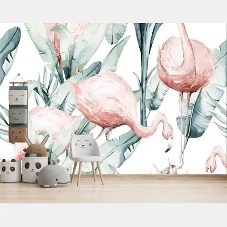 Papier peint esprit tropical doux avec flamants roses aquarelle – Wallnifity®