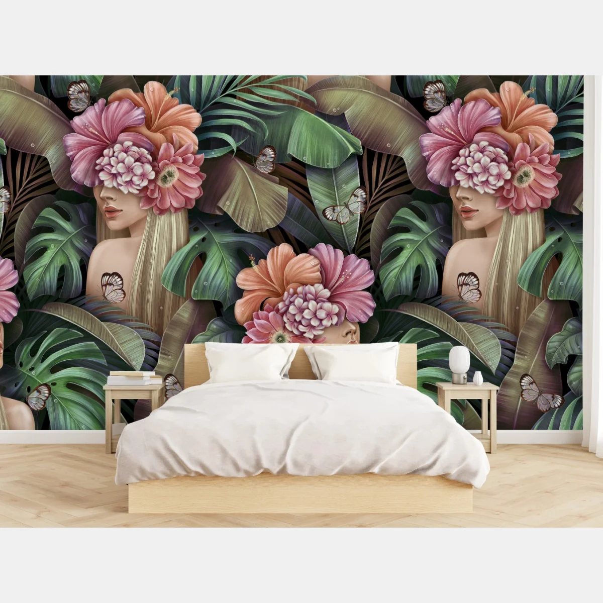 Papier peint portrait floral et feuillage tropical – Wallnifity® Papier peint portrait floral et feuillage tropical – Wallnifity®