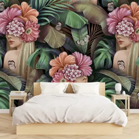 Papier peint portrait floral et feuillage tropical – Wallnifity®