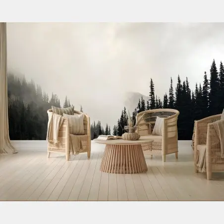 Papier peint forêt brumeuse aux silhouettes de conifères – Wallnifity®