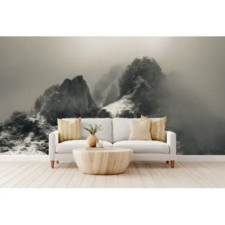 Papier peint paysage alpin brumeux en noir et blanc – Wallnifity®
