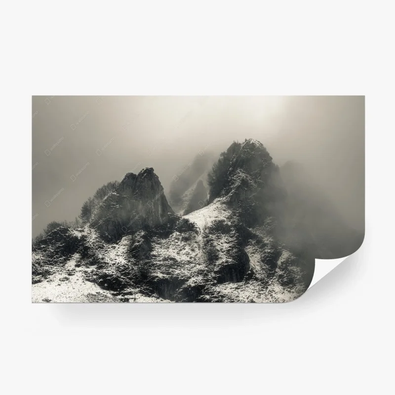 Papier peint paysage alpin brumeux en noir et blanc – Wallnifity®