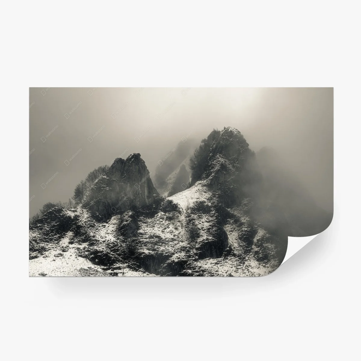 Papier peint paysage alpin brumeux en noir et blanc – Wallnifity®