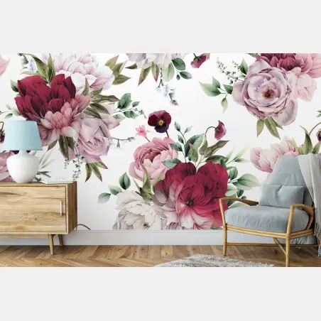 Papier peint motif floral de pivoines aquarelle élégant – Wallnifity®