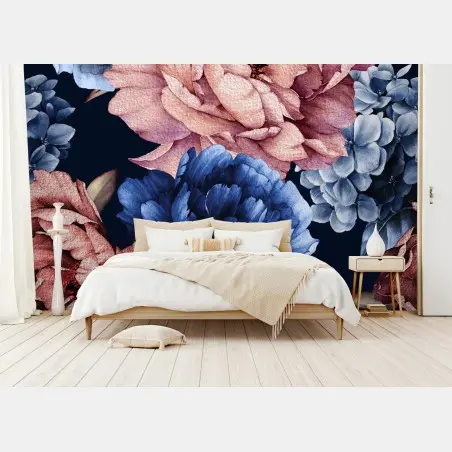 Papier peint pivoines aquarelle sur fond bleu marine – Wallnifity®