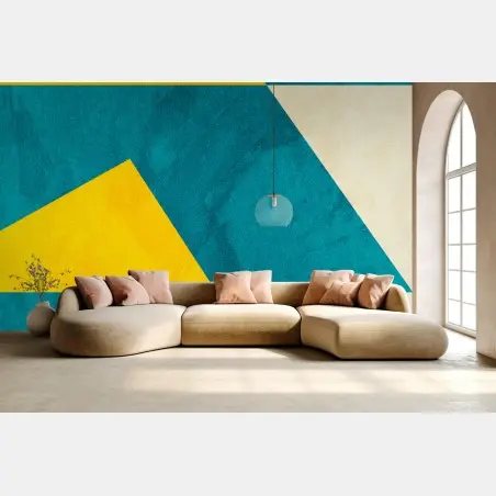 Papier peint motif géométrique bleu canard et jaune moutarde texturé – Wallnifity®