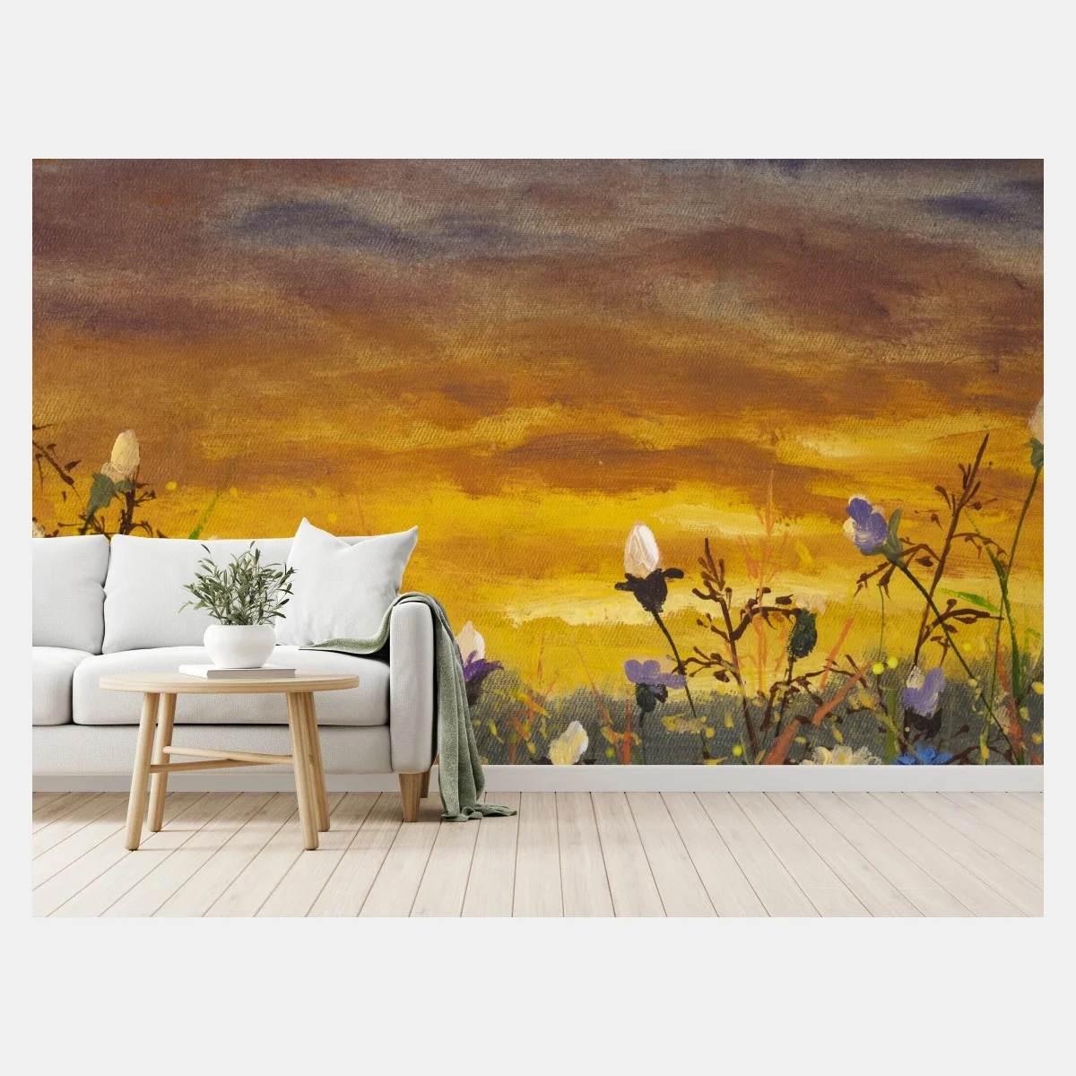 Papier peint champ de marguerites et bleuets au coucher de soleil, inspiration Claude Monet – Wallnifity® Papier peint champ de marguerites et bleuets au coucher de soleil, inspiration Claude Monet – Wallnifity®