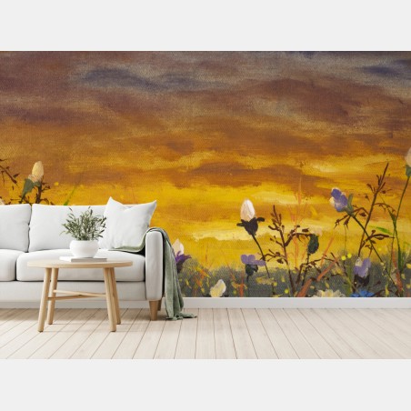 Papier peint champ de marguerites et bleuets au coucher de soleil, inspiration Claude Monet – Wallnifity®