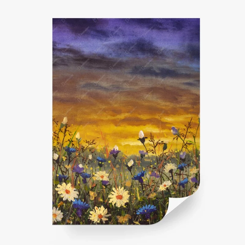 Papier peint champ de marguerites et bleuets au coucher de soleil, inspiration Claude Monet – Wallnifity® Papier peint champ de marguerites et bleuets au coucher de soleil, inspiration Claude Monet – Wallnifity®