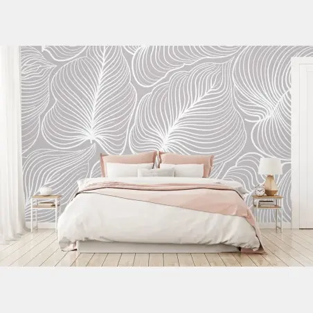 Papier peint motif floral rétro en lignes blanches sur fond gris – Wallnifity®