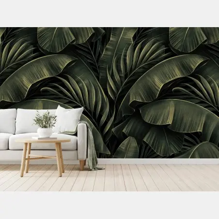 Papier peint feuillage tropical luxuriant vert profond – Wallnifity®