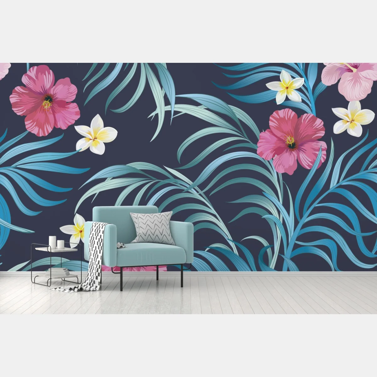 Papier peint motif tropical hibiscus et feuilles de palmier sur fond bleu marine – Wallnifity® Papier peint motif tropical hibiscus et feuilles de palmier sur fond bleu marine – Wallnifity®