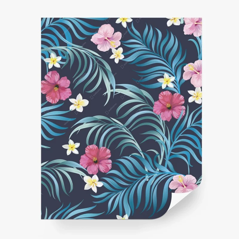 Papier peint motif tropical hibiscus et feuilles de palmier sur fond bleu marine – Wallnifity® Papier peint motif tropical hibiscus et feuilles de palmier sur fond bleu marine – Wallnifity®