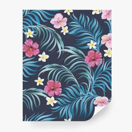 Papier peint motif tropical hibiscus et feuilles de palmier sur fond bleu marine – Wallnifity®