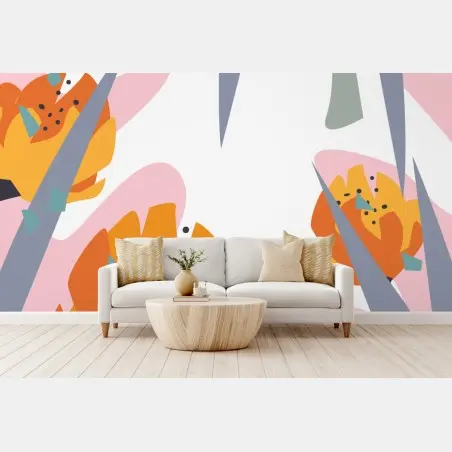 Papier peint motif floral abstrait corail et pastel – Wallnifity®