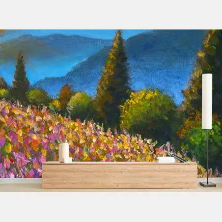 Papier peint champ de lavande et montagnes bleues au coucher de soleil – Wallnifity®
