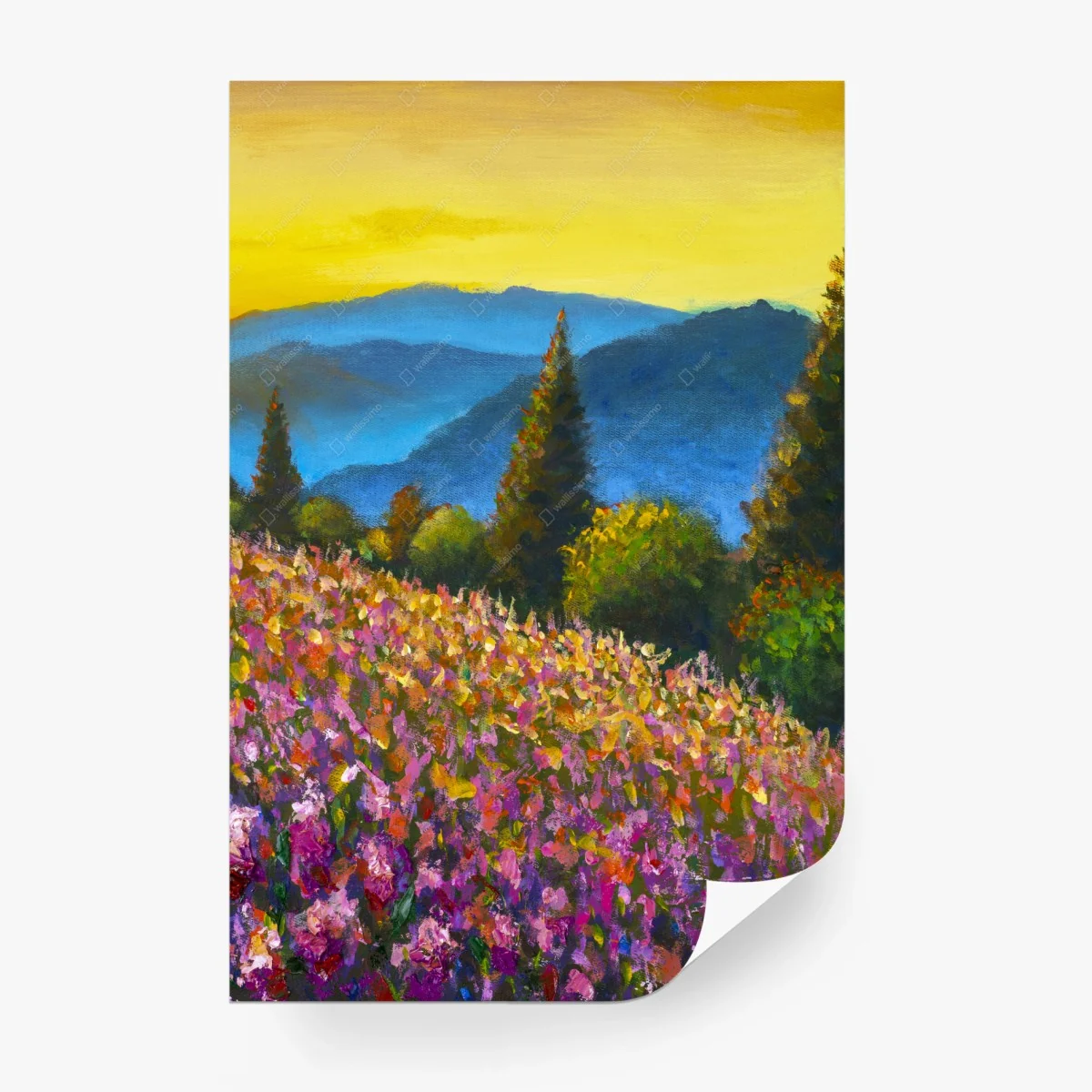 Papier peint champ de lavande et montagnes bleues au coucher de soleil – Wallnifity®
