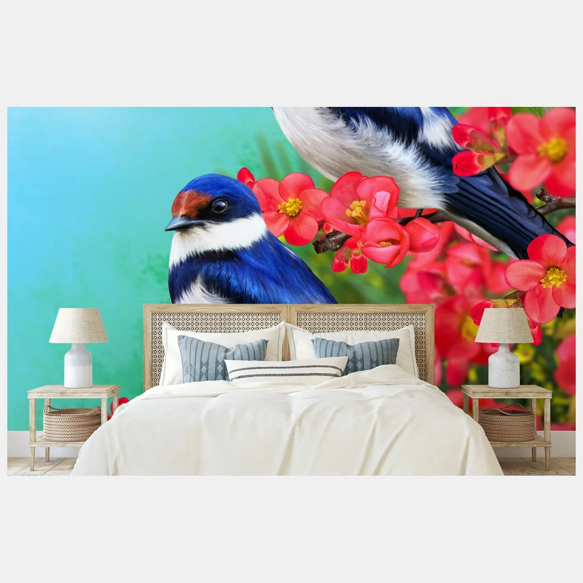 Papier peint deux hirondelles bleues sur branches fleuries – Wallnifity® Papier peint deux hirondelles bleues sur branches fleuries – Wallnifity®