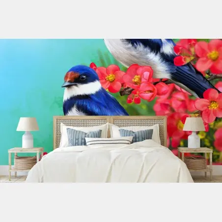 Papier peint deux hirondelles bleues sur branches fleuries – Wallnifity®