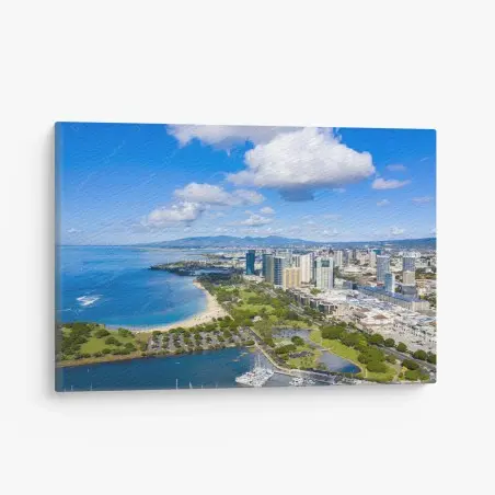 Tableau sur toile paysage côtier d'Honolulu avec silhouette urbaine – Wallnifity®
