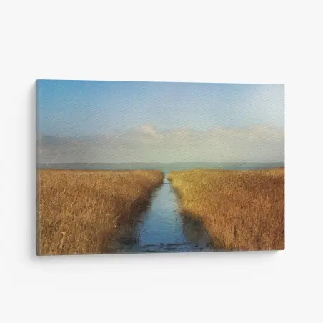 Tableau sur toile voie d'eau entre roseaux dorés – Wallnifity®