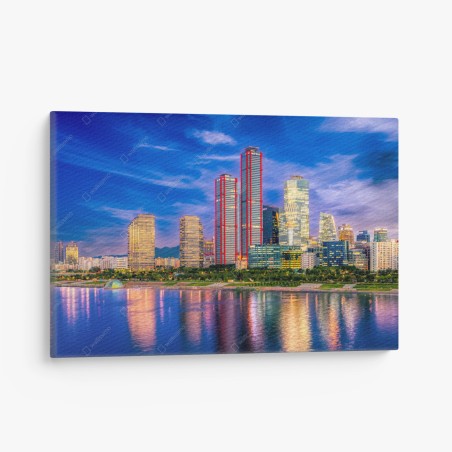 Tableau sur toile panorama urbain au crépuscule aux reflets colorés – Wallnifity®