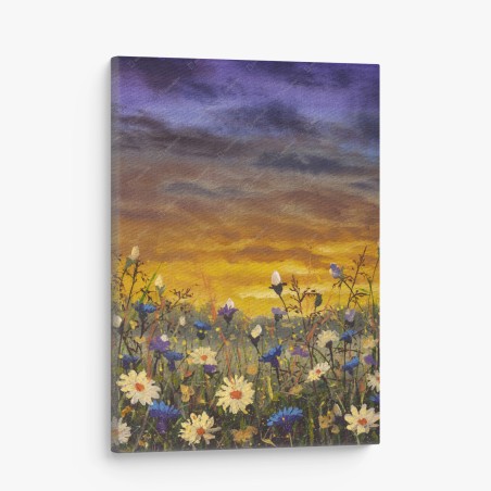 Tableau sur toile champ de marguerites et bleuets au coucher de soleil, inspiration Claude Monet – Wallnifity®