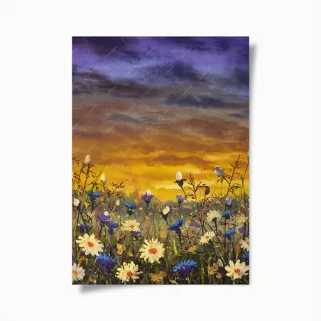 Poster champ de marguerites et bleuets au coucher de soleil, inspiration Claude Monet – Wallnifity®