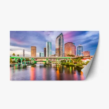 Sticker repositionnable panorama urbain coloré de Tampa au crépuscule – Wallnifity®