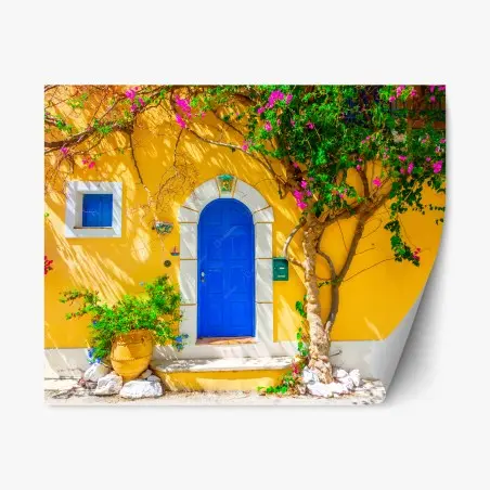 Sticker repositionnable porte bleue d'Assos sur façade jaune – Wallnifity®
