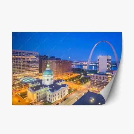 Sticker repositionnable crépuscule à Saint-Louis : l'arche et le palais de justice illuminés – Wallnifity®