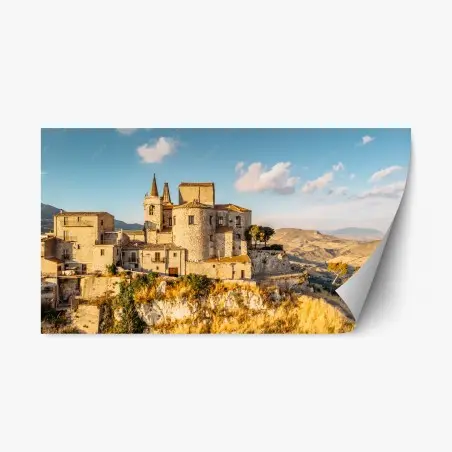 Sticker repositionnable village médiéval perché sur la colline – Wallnifity®