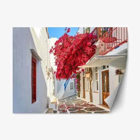 Sticker repositionnable ruelle méditerranéenne aux bougainvilliers éclatants – Wallnifity®