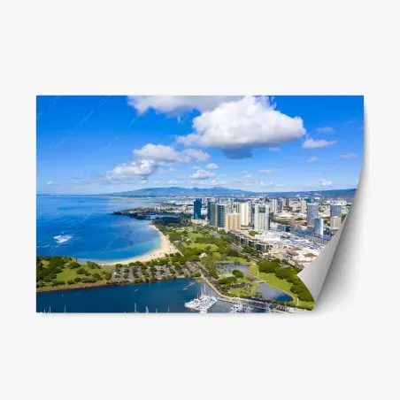 Sticker repositionnable paysage côtier d'Honolulu avec silhouette urbaine – Wallnifity®