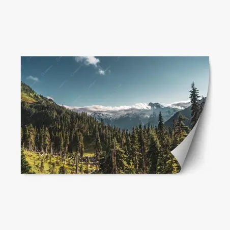Sticker repositionnable paysage alpin: montagnes enneigées et forêt – Wallnifity®