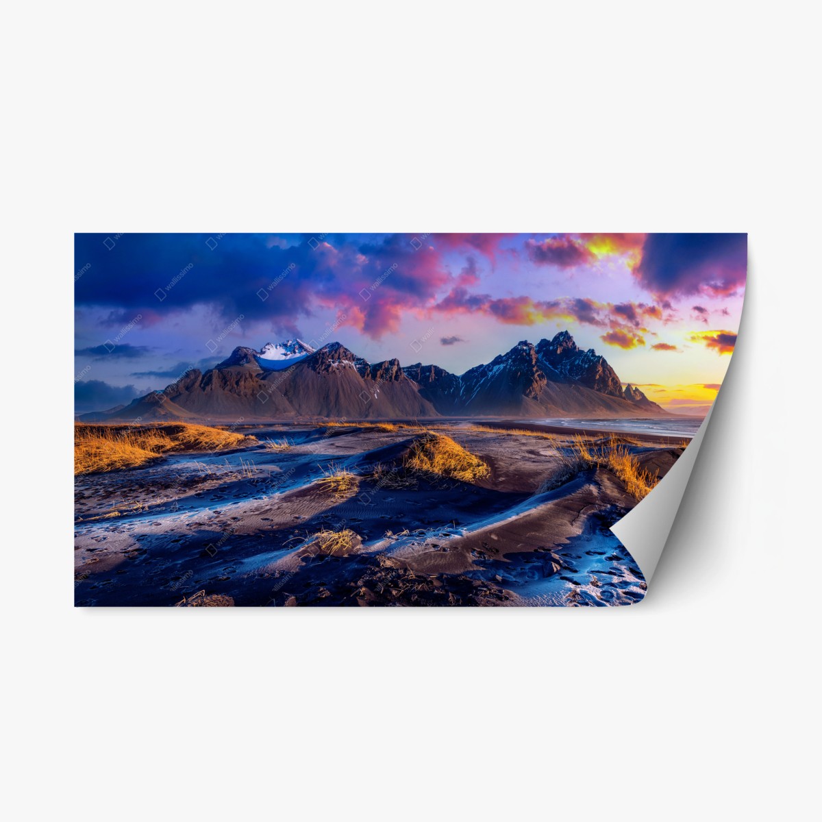 Sticker repositionnable paysage panoramique au lever du soleil à Vestrahorn, Stokksnes, Islande – Wallnifity®