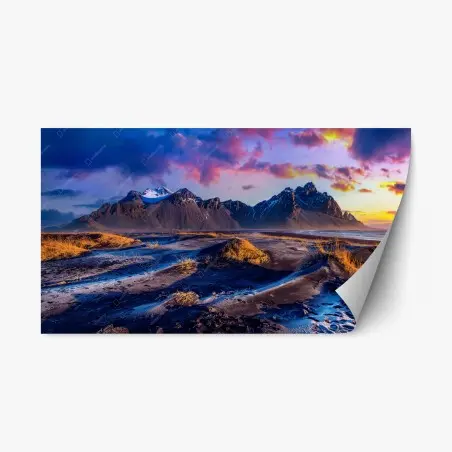 Sticker repositionnable paysage panoramique au lever du soleil à Vestrahorn, Stokksnes, Islande – Wallnifity®