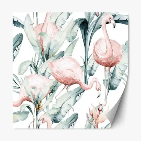 Sticker repositionnable esprit tropical doux avec flamants roses aquarelle – Wallnifity®