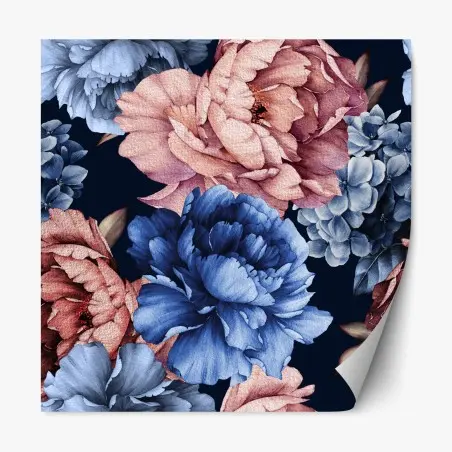Sticker repositionnable pivoines aquarelle sur fond bleu marine – Wallnifity®