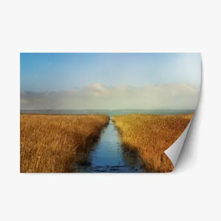 Sticker repositionnable voie d'eau entre roseaux dorés – Wallnifity®