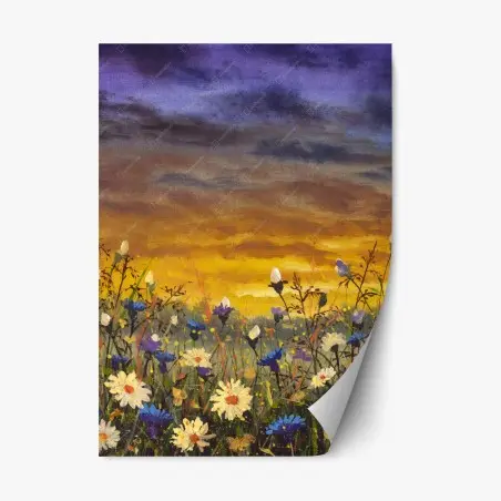 Sticker repositionnable champ de marguerites et bleuets au coucher de soleil, inspiration Claude Monet – Wallnifity®