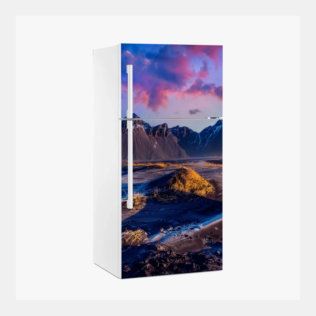 Sticker pour réfrigérateur paysage panoramique au lever du soleil à Vestrahorn, Stokksnes, Islande – Wallnifity® Sticker pour réfrigérateur paysage panoramique au lever du soleil à Vestrahorn, Stokksnes, Islande – Wallnifity®