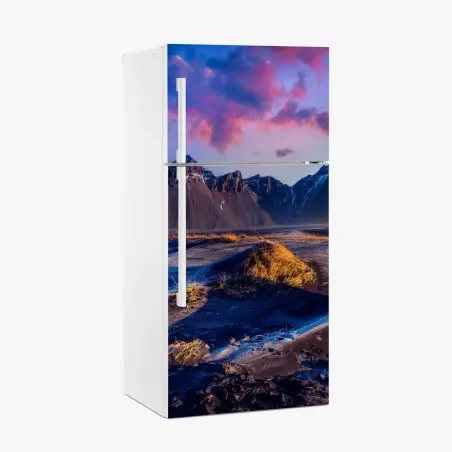 Sticker pour réfrigérateur paysage panoramique au lever du soleil à Vestrahorn, Stokksnes, Islande – Wallnifity®