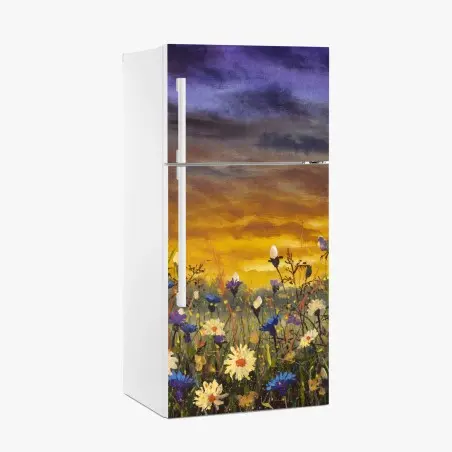 Sticker pour réfrigérateur champ de marguerites et bleuets au coucher de soleil, inspiration Claude Monet – Wallnifity®