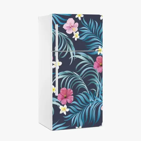 Sticker pour réfrigérateur motif tropical hibiscus et feuilles de palmier sur fond bleu marine – Wallnifity®