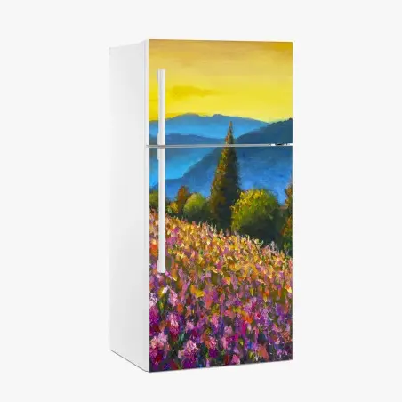 Sticker pour réfrigérateur champ de lavande et montagnes bleues au coucher de soleil – Wallnifity®