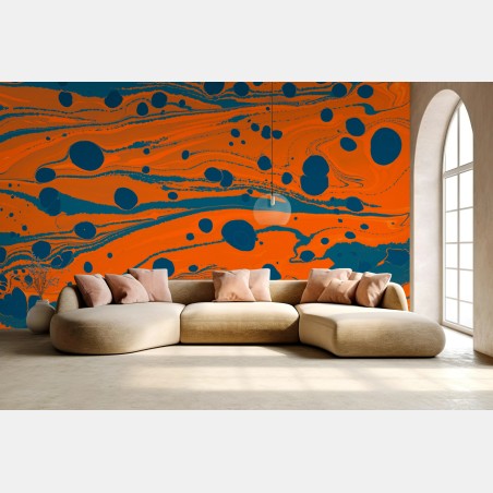 Papier peint marbrure abstraite orange et bleu pétrole – Wallnifity®